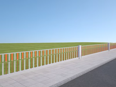 White And Orange Roadside Guardrail With Green Grassland Blue Sky And Gray Sidewalk 3d model