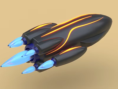 Futuristic Spaceship 3D Model With Black Body Orange Glowing Lines And Blue Thrusters 3d model