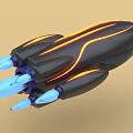 Futuristic Spaceship 3D Model With Black Body Orange Glowing Lines And Blue Thrusters