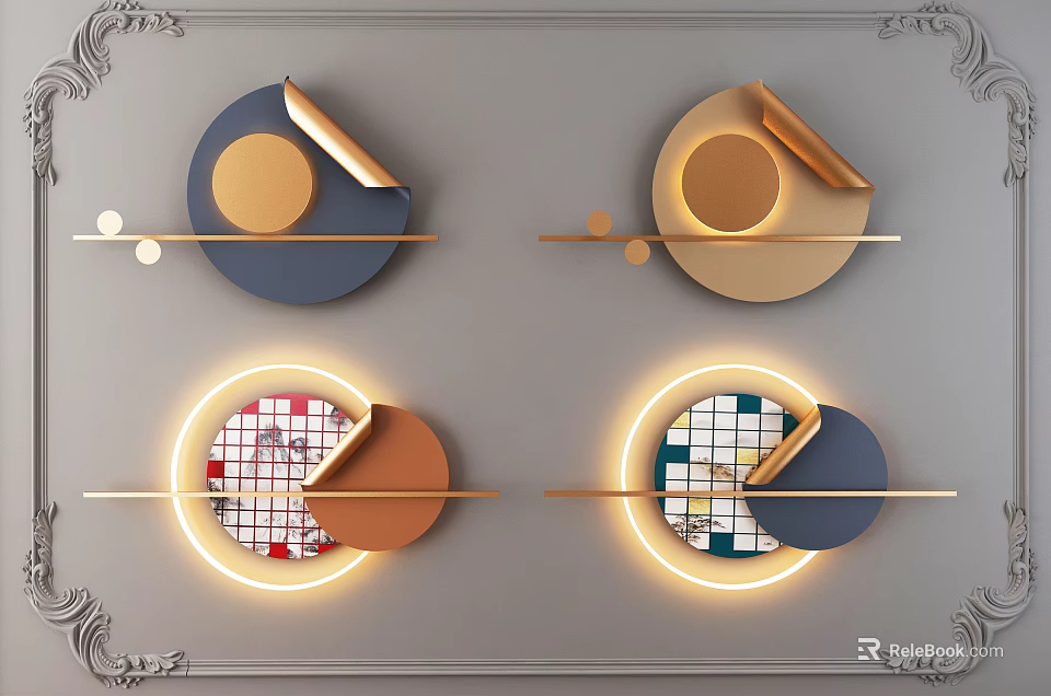 Modern Wall Decor With Circular Geometric Shapes Gold Blue Checkerboard Patterns And Lighting 3d model