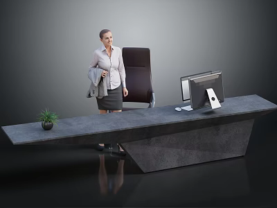 Gray Modern Office Desk With Computer Printer Plant And Comfortable Chair 3d model
