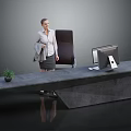 Gray Modern Office Desk With Computer Printer Plant And Comfortable Chair 3d model