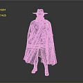 Man in Black Hat Dark Blue Cape Black Leather Outfit with Boots on Gray Background