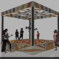 Vibrant Colorful Striped Pavilion With Fruit Stand And People Interacting