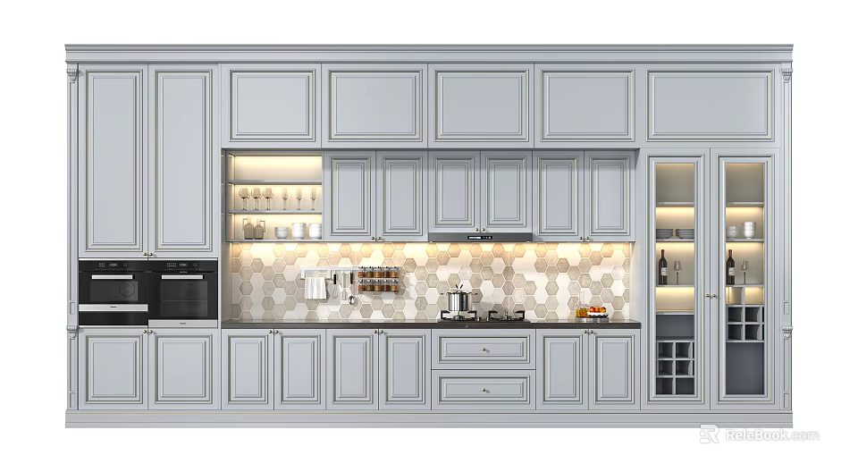 Modern Light Gray Kitchen Cabinets With Under Cabinet Lighting And Countertop 3d model