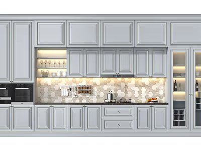 Modern Light Gray Kitchen Cabinets With Under Cabinet Lighting And Countertop 3d model