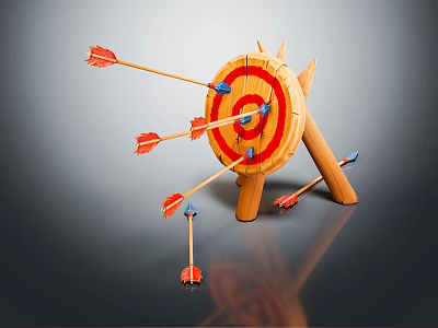Decorative Wooden Target Garden Ornament with Red Blue Center and Scattered Arrows 3d model