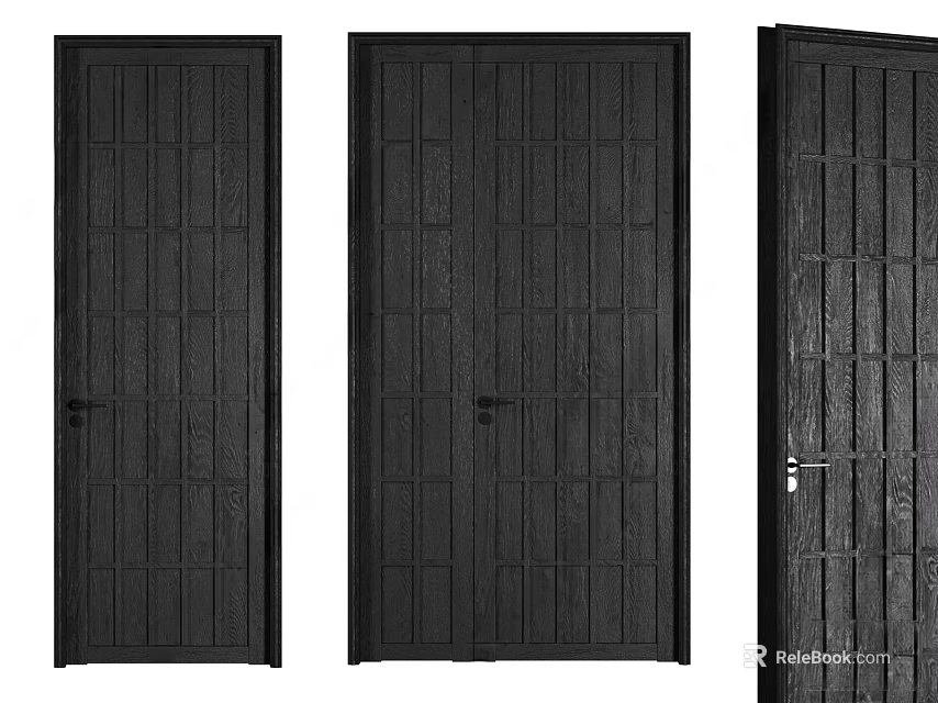 Three Dark Wooden Hinged Doors With Vertical Panel Design And Classic Handles 3d model