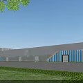 Modern Industrial Factory Building With Metal Cladding Colorful Stripes Lawn Trees And Blue Sky