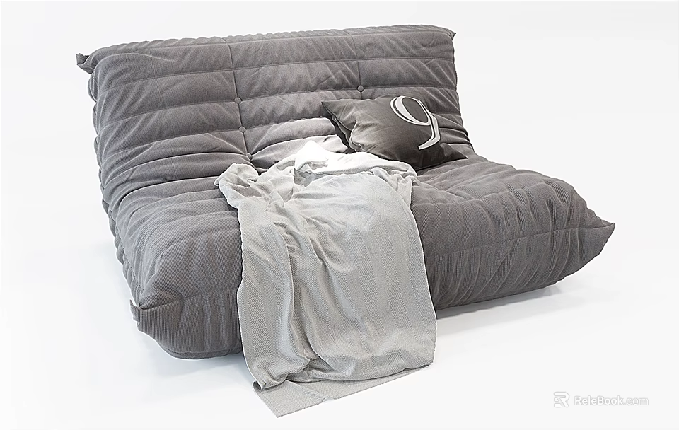 Gray Plush Quilted Bean Bag Sofa With Black Pillow White Circle Pattern And Gray Blanket 3d model 