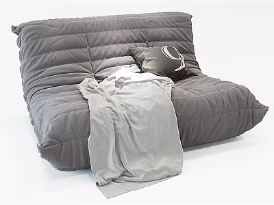 Gray Plush Quilted Bean Bag Sofa With Black Pillow White Circle Pattern And Gray Blanket 3d model