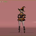 Woman dressed in Halloween witch costume with decorated hat and black dress against pink background