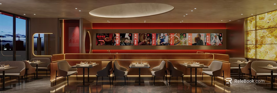 Modern Restaurant Interior With Red Walls Food Display Posters Dining Tables And Chairs 3d model 