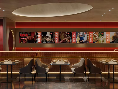 Modern Restaurant Interior With Red Walls Food Display Posters Dining Tables And Chairs 3d model