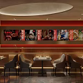 Modern Restaurant Interior With Red Walls Food Display Posters Dining Tables And Chairs