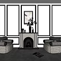 White Wall Panels Fireplace With Burning Fire Artwork Above Flower Vase And Beige Armchairs