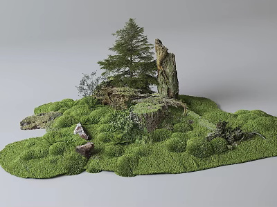 Lush Green Moss Covered Ground With Small Pine Tree Rocks And Natural Elements 3d model