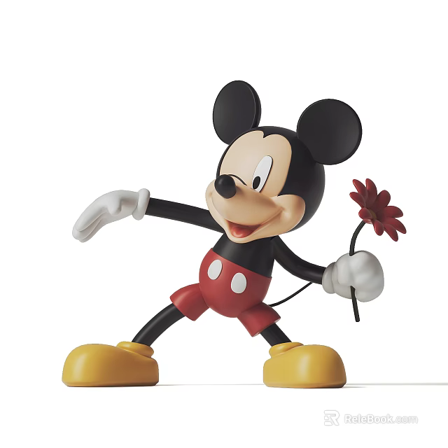 Classic Mickey Mouse Sculpture With Red Shorts Yellow Shoes Holding Red Flower And Outstretched Hand 3d model 
