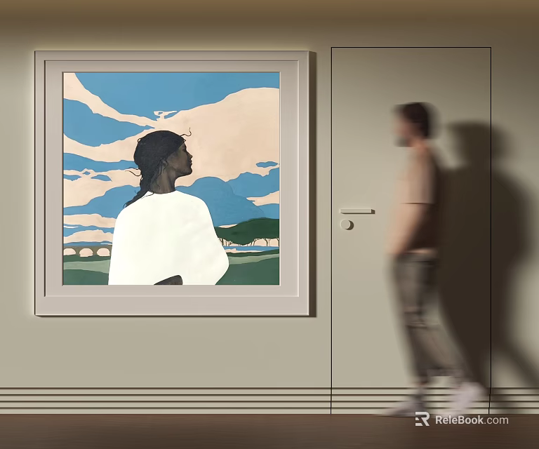Framed Portrait Painting Back View Figure In White Shirt With Blue Sky Clouds Mountains Bridge 3d model 
