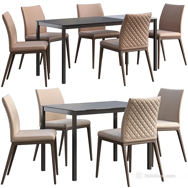 Modern Dining Table Set With Diamond Pattern Upholstered Chairs And Dark Wood Top 3d model