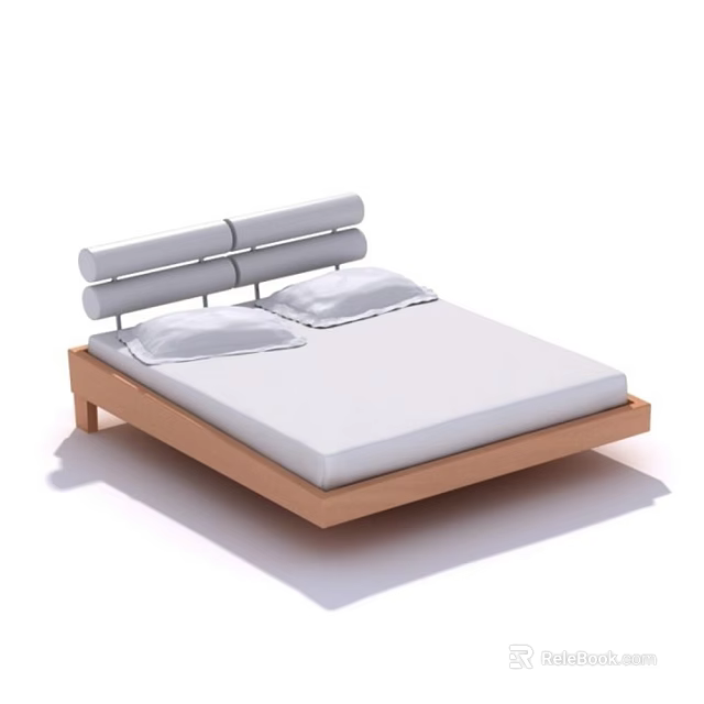 Modern Minimalist Double Bed Design With Wooden Frame And White Mattress 3d model 