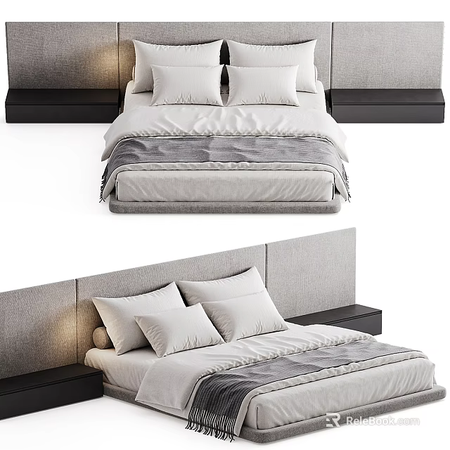 Modern Double Bed With Upholstered Headboard And Neutral Tones Soft Bedding 3d model 