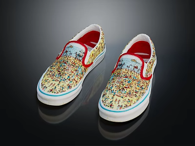 Slip On Sneakers With Colorful Printed Design White Soles Blue Trim And Red Inner Lining 3d model