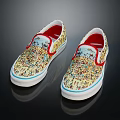 Slip On Sneakers With Colorful Printed Design White Soles Blue Trim And Red Inner Lining