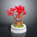 Miniature Garden Ornament Featuring Red Trees Small Pavilion And White Base Decoration
