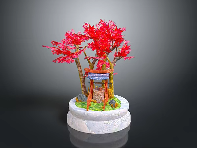 Miniature Garden Ornament Featuring Red Trees Small Pavilion And White Base Decoration 3d model