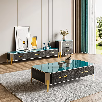 Modern Coffee Table with Glass Top Gold Metal Legs and Storage Drawers in Living Room 3d model