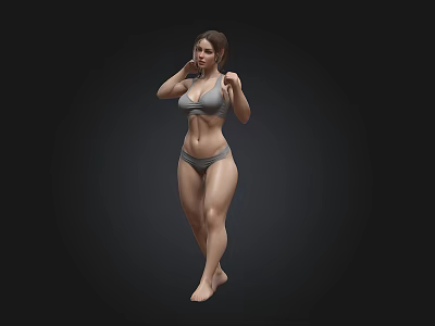 Fit Muscular Female In Gray Sports Bra And Shorts Standing On Black Background 3d model
