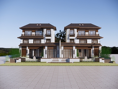 New Chinese Style Double-family Villa Residential Building Double-family Villa 3d model