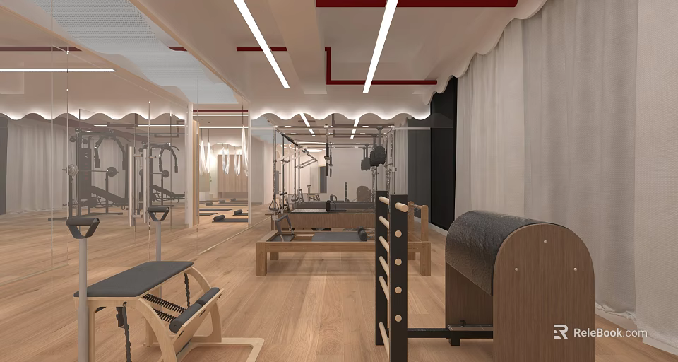 Modern Pilates Studio Interior With Reformer Equipment Wooden Floor And Mirrors 3d model 