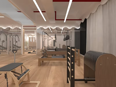 Modern Pilates Studio Interior With Reformer Equipment Wooden Floor And Mirrors 3d model