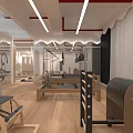 Modern Pilates Studio Interior With Reformer Equipment Wooden Floor And Mirrors