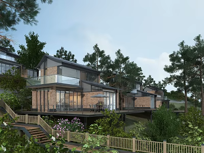 Modern Detached Villa With Glass Curtain Walls And Lush Greenery Surrounded By Trees 3d model