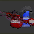Floating Rock Scene With Red Tree Pink Flowers Red Bridge And Blue Water Flow