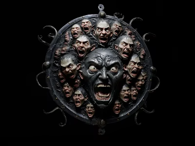 Decorative Ornament Set With Central Grimacing Face Surrounding Small Faces Gothic Style Carved Metal Design 3d model