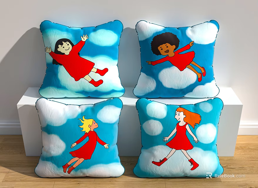 Cartoon Girls In Red Dresses On Blue Background With White Clouds Decorative Pillows 3d model 