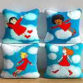 Cartoon Girls In Red Dresses On Blue Background With White Clouds Decorative Pillows