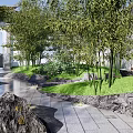 Traditional Scenic Wall with Bamboo Trees Stone Pathway Rockery and Natural Landscape