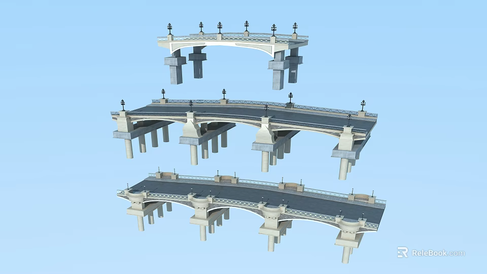 Three Different Bridge Architectural Models With Arch Structures And Lamp Posts 3d model 