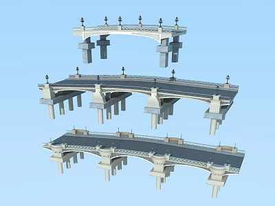 Three Different Bridge Architectural Models With Arch Structures And Lamp Posts 3d model