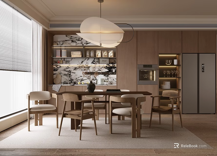 Modern Restaurant Interior With Dining Table Wooden Chairs Pendant Light And Decorative Shelves 3d model 