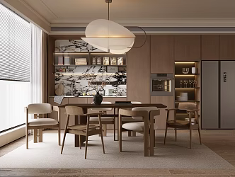 Middle Ancient Home Dining Room Dining Table and Chair Combination Sideboard Chandelier 3d model
