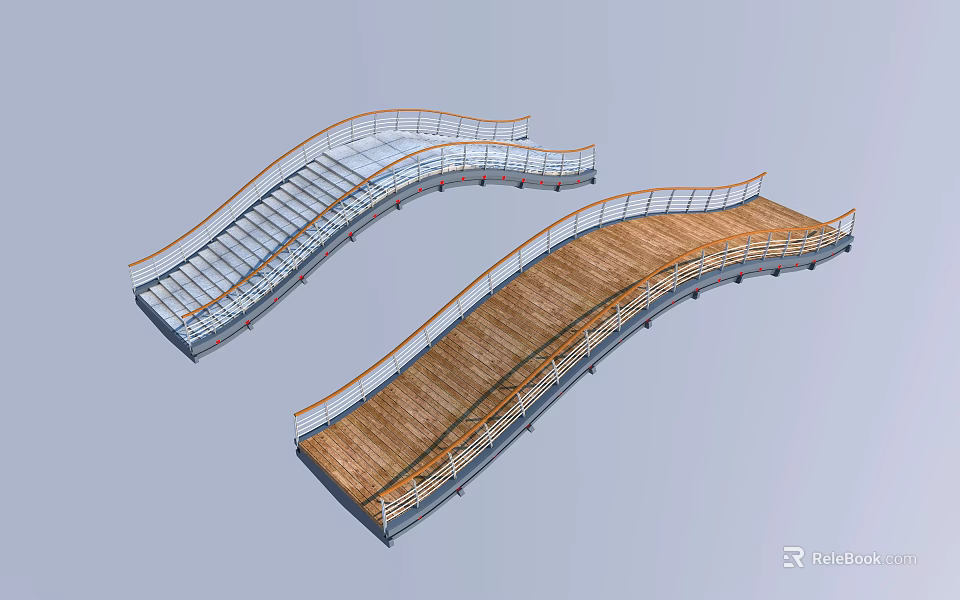 Scenic Landscape Bridge With Curved Design Glass And Wooden Decks Metal Railings 3d model 