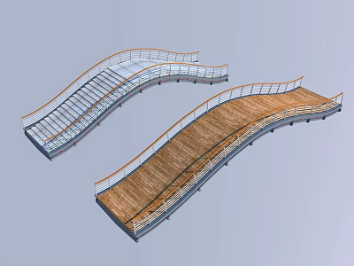 Scenic Landscape Bridge With Curved Design Glass And Wooden Decks Metal Railings 3d model