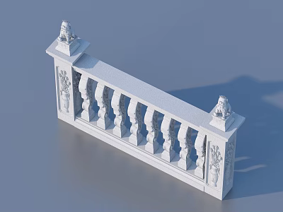 White Stone Railing with Lion Statues on Ends and Carved Balusters 3d model