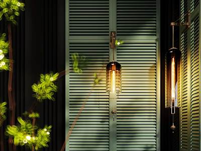 Warm Light Wall Lamps Mounted On Dark Background With Green Plants And Louvered Shutters 3d model